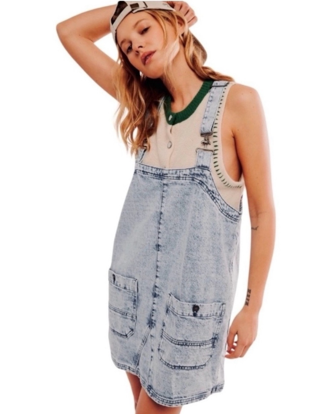 Free People We The Free Light Blue Acid Wash Denim Overall Dress